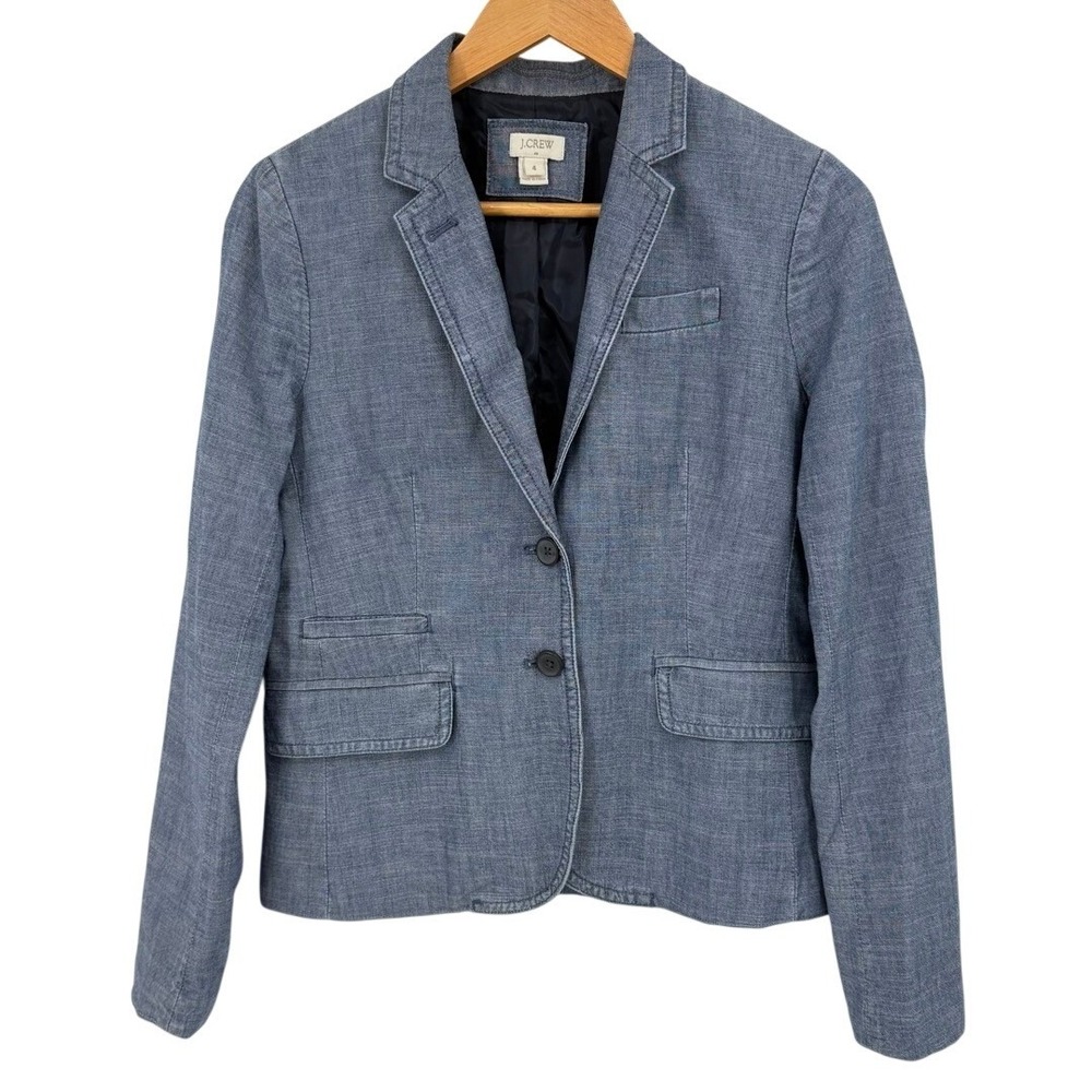 J.Crew Womens Size 4 Blazer Chambray Blue Cotton Two Button Jacket Career Office